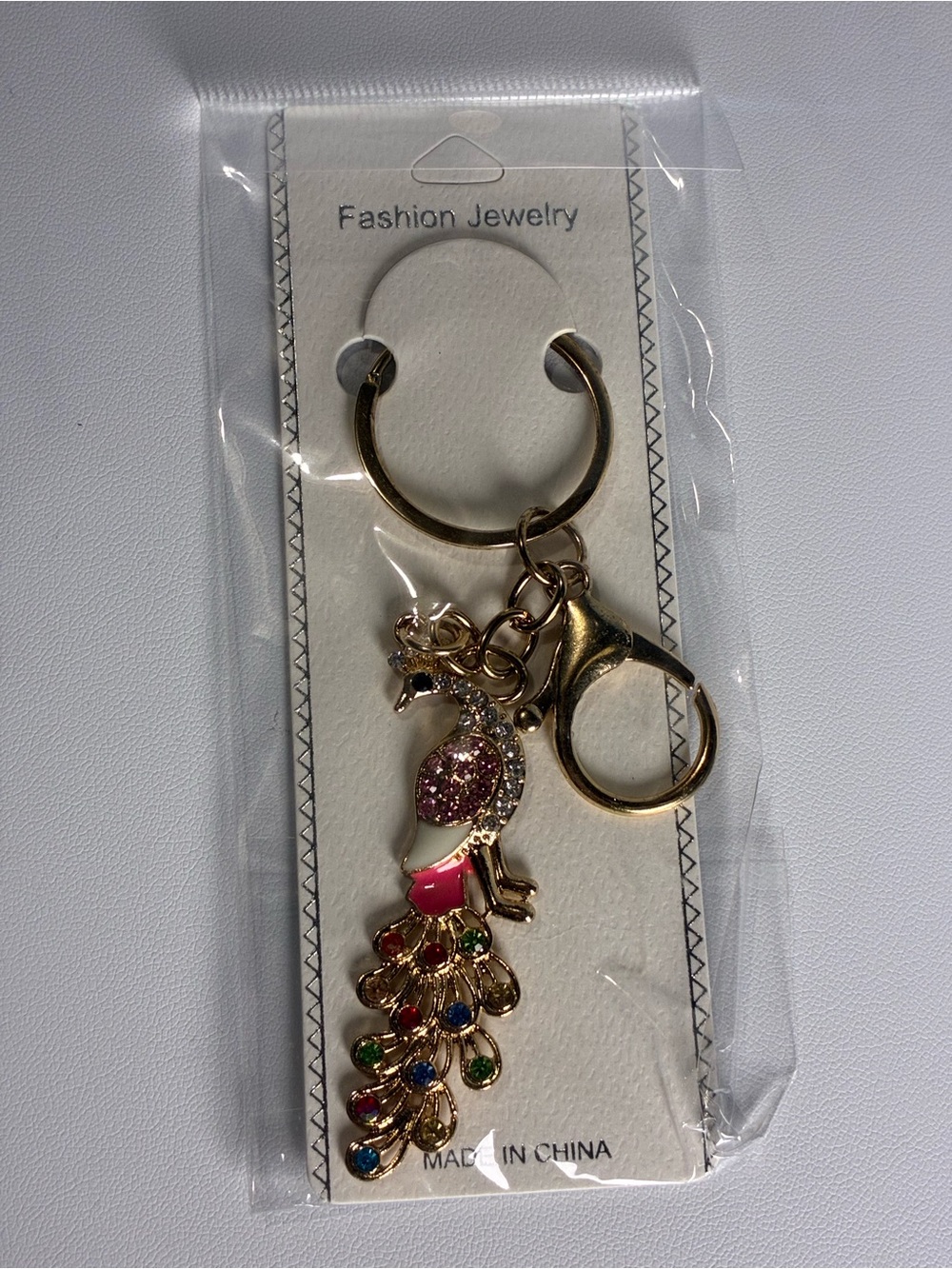 Gold Peacock Key & Card Holder Charm with Pink and Multicolor Gems